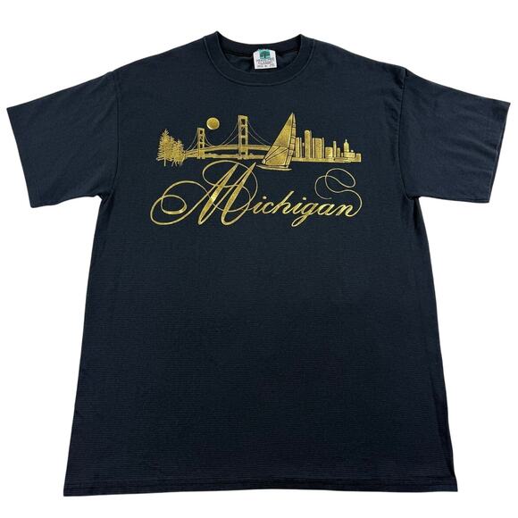 Vintage Michigan Mackinac Bridge Lake Sailboat Gold Embossed Striped Shirt XL - Picture 1 of 7